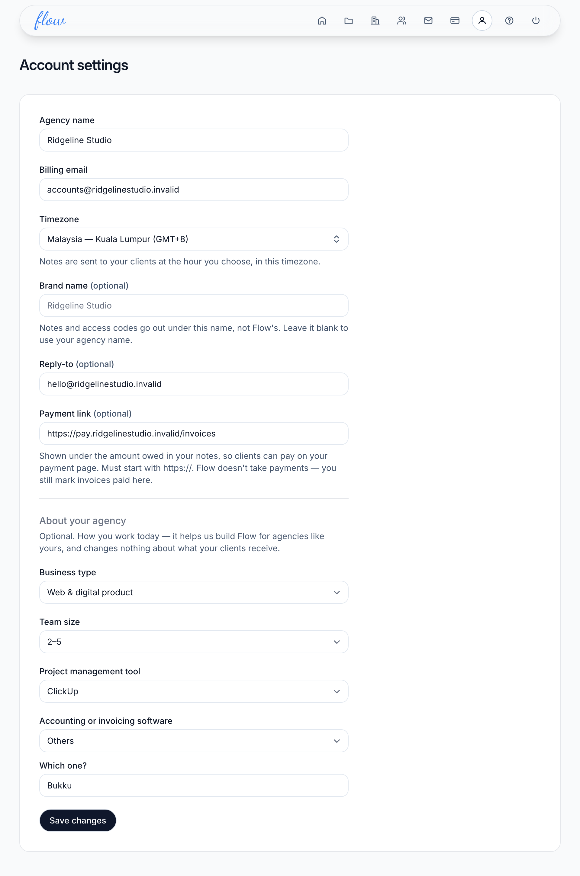 Account settings: agency name, billing email, timezone, brand name, reply-to and payment link.