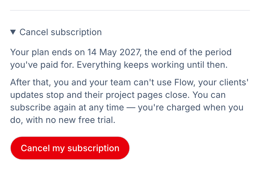 The Cancel subscription panel stating when the plan would end.