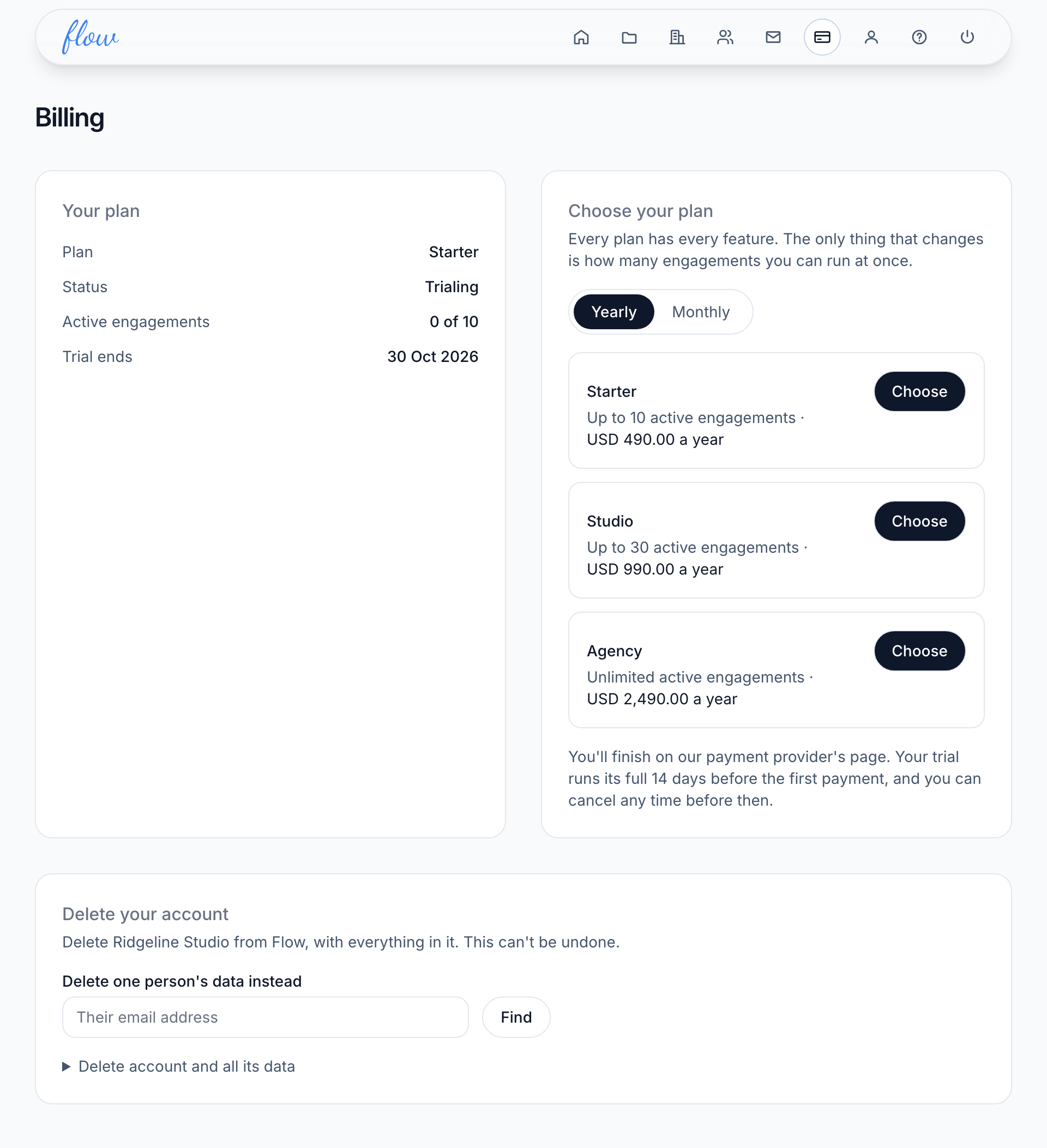 The billing page with the Yearly and Monthly choice, and the three plans, each with a Choose button.