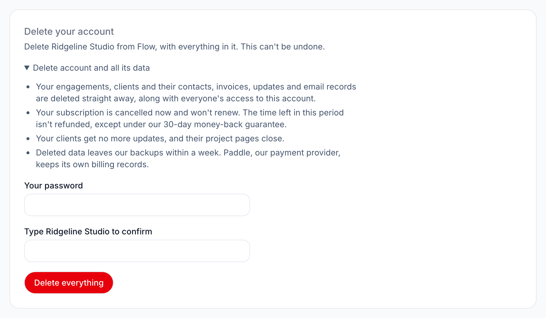 The panel for deleting the account, asking for a password and the agency name.
