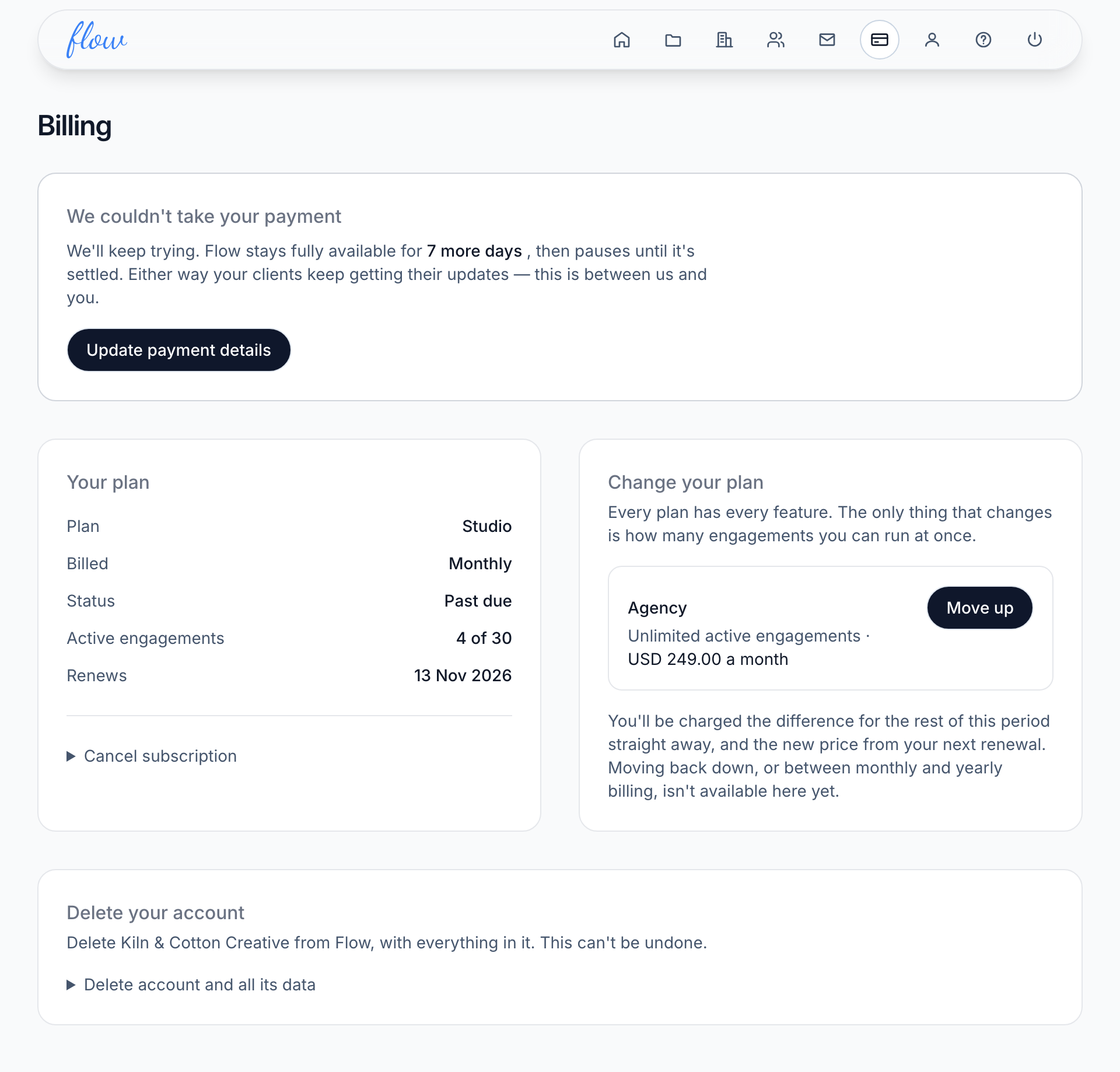 The Billing page after a failed payment, with Update payment details.