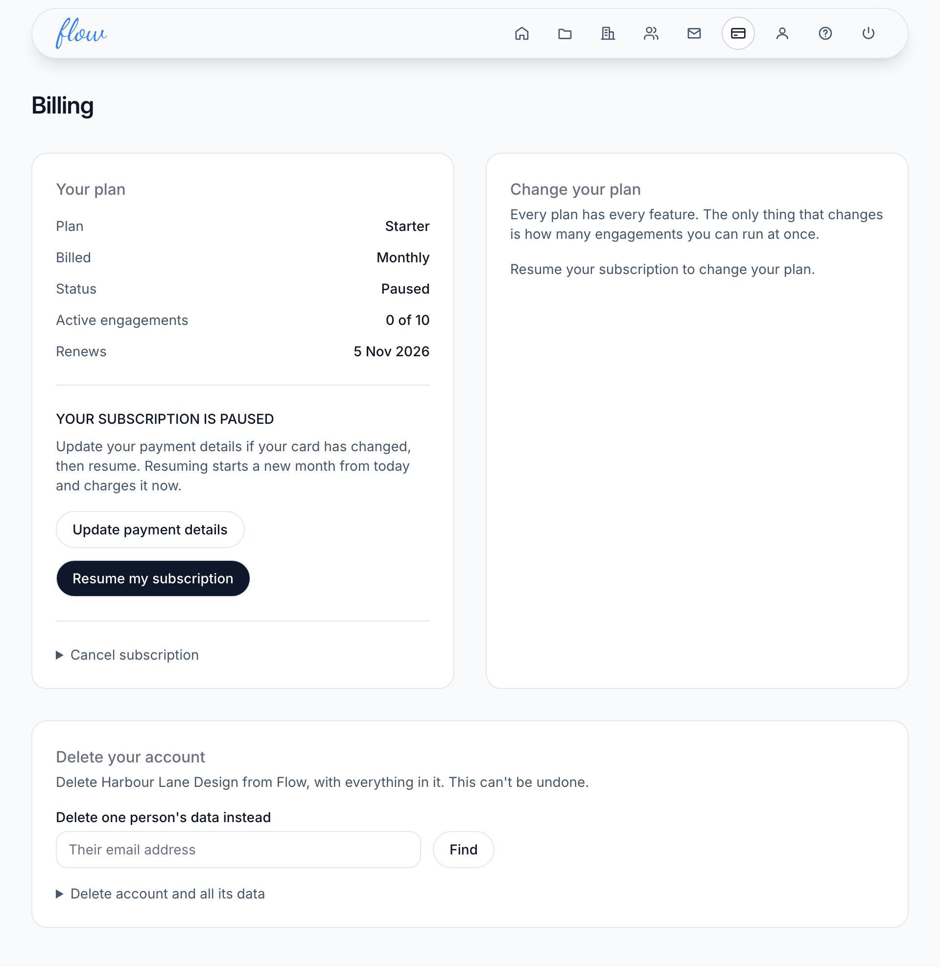 The Billing page for a paused subscription, with Update payment details and Resume my subscription.