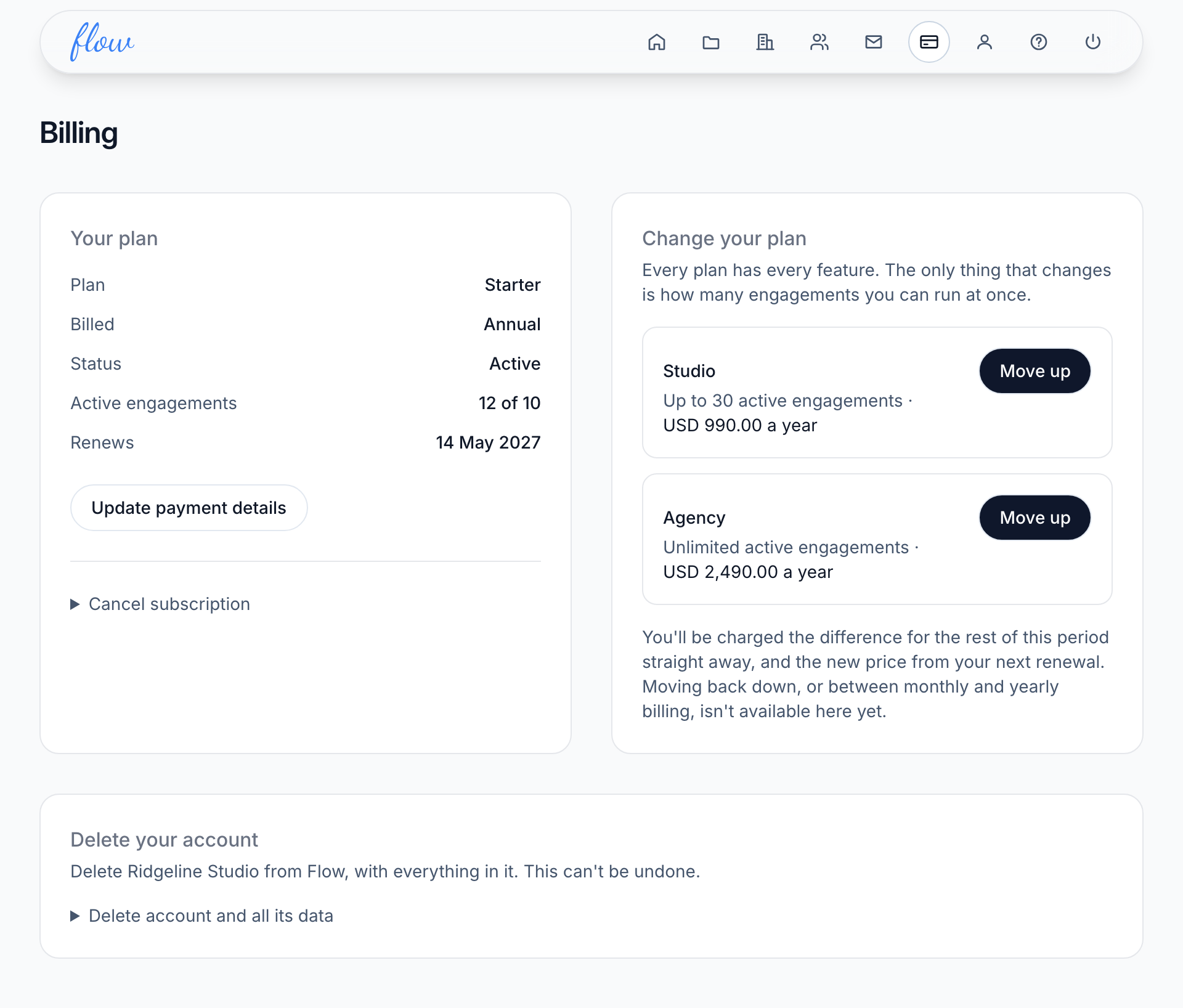 The Billing page for a Starter plan, with the plans above it.