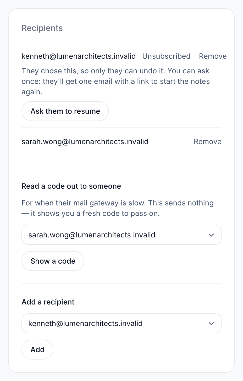 The Recipients list: one person marked Unsubscribed with an Ask them to resume button, another person, and the Add a recipient menu.