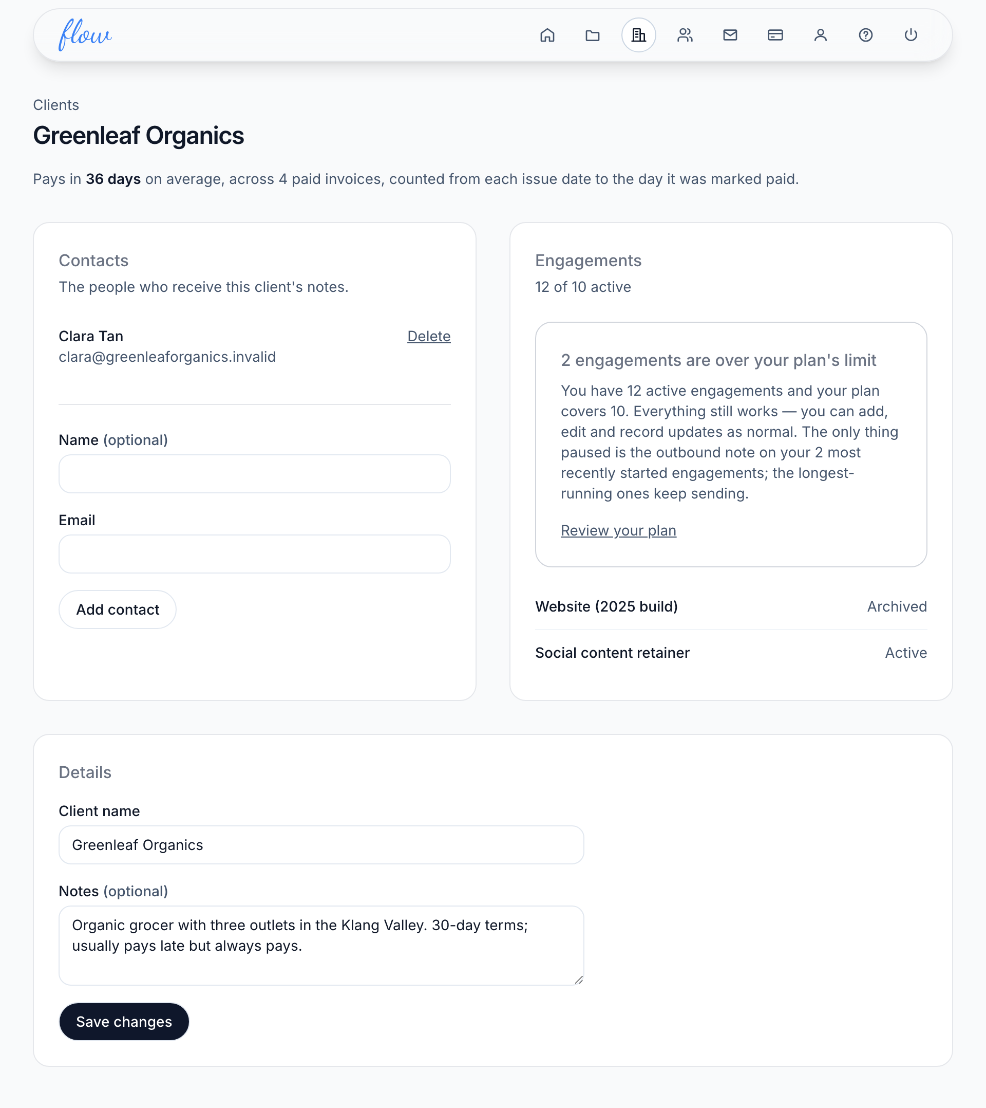 A client page with days to paid, contacts and engagements.