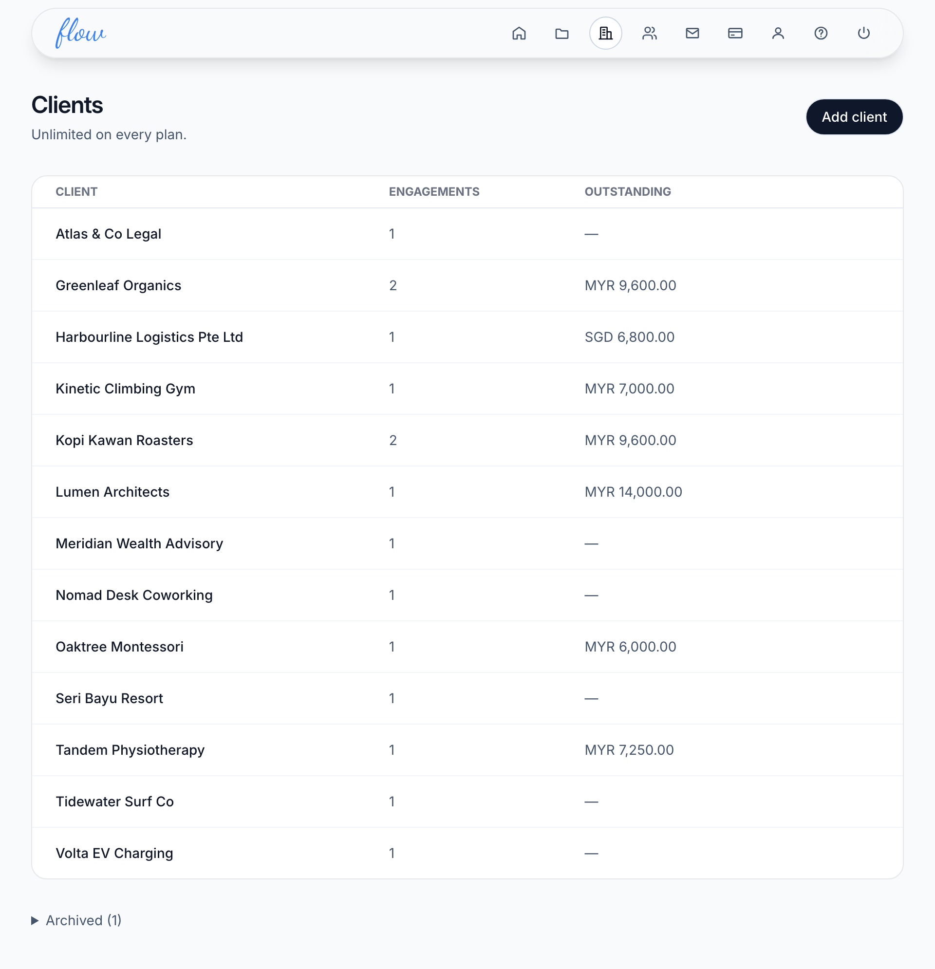 The Clients list with each client's engagements and what they owe.