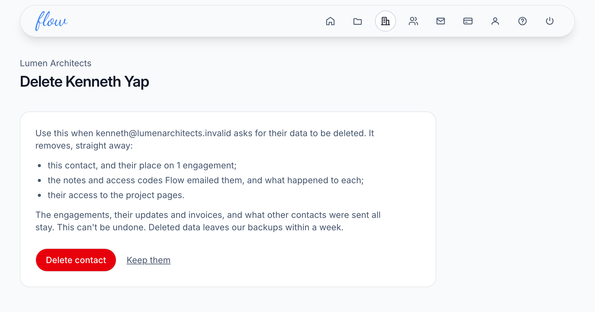 The page that confirms deleting a contact, listing what goes and what stays.