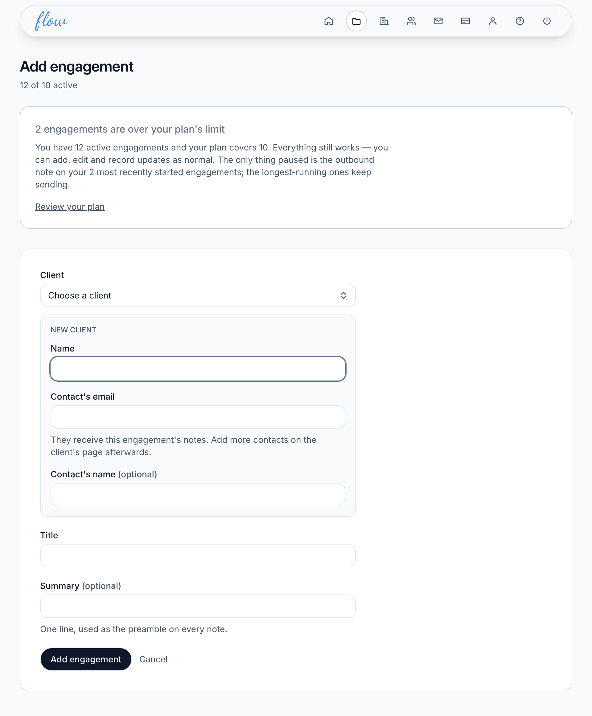 The Add engagement form with the New client boxes open, for the client's name and the contact's email and name, then the title.