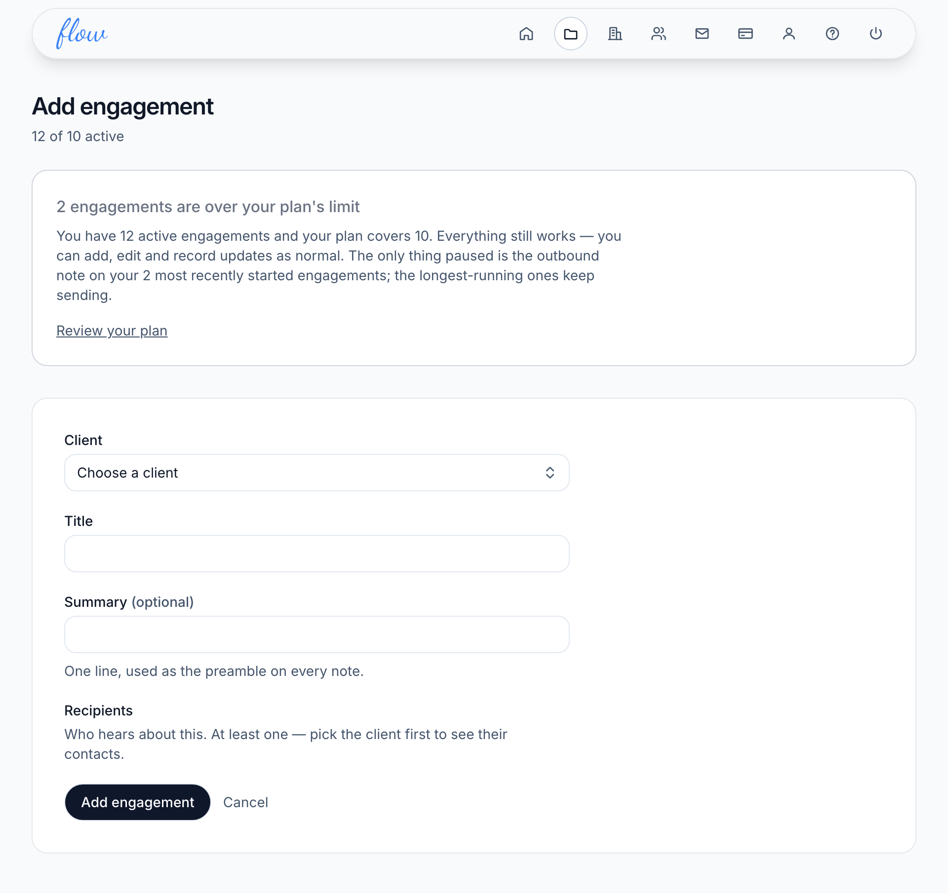 The Add engagement form, with fields for the client, title, summary and recipients.