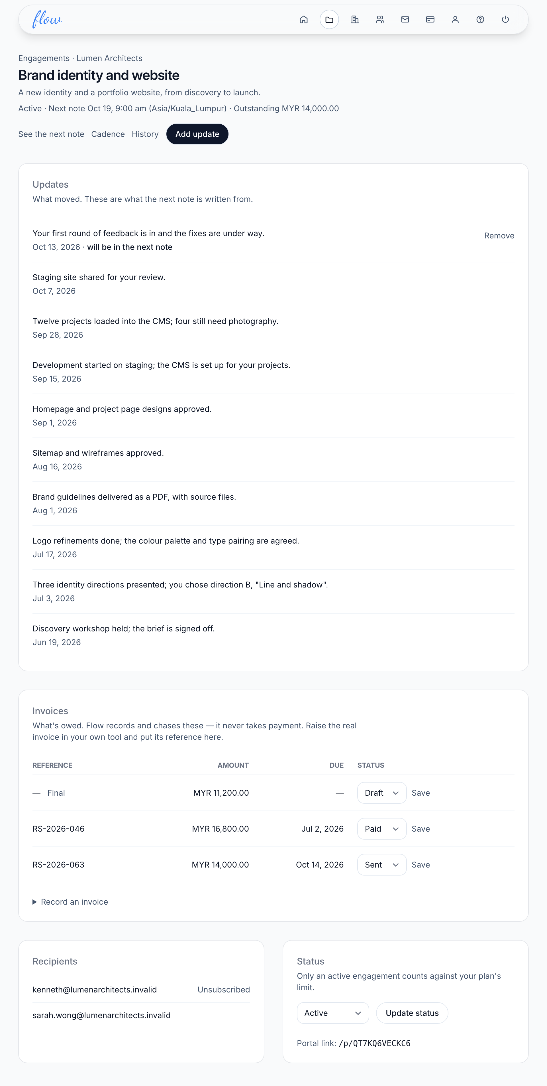 An engagement page with its updates, invoices, recipients and status.