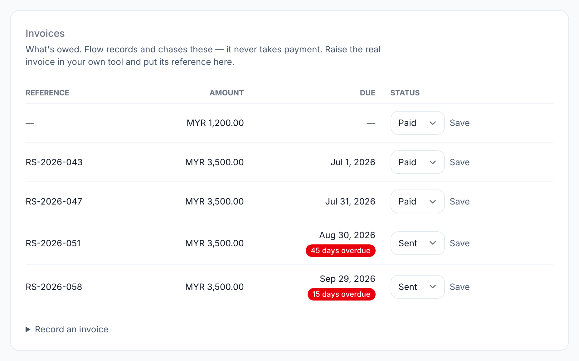 An engagement's invoices, each with a status menu and Save, two of them marked days overdue.