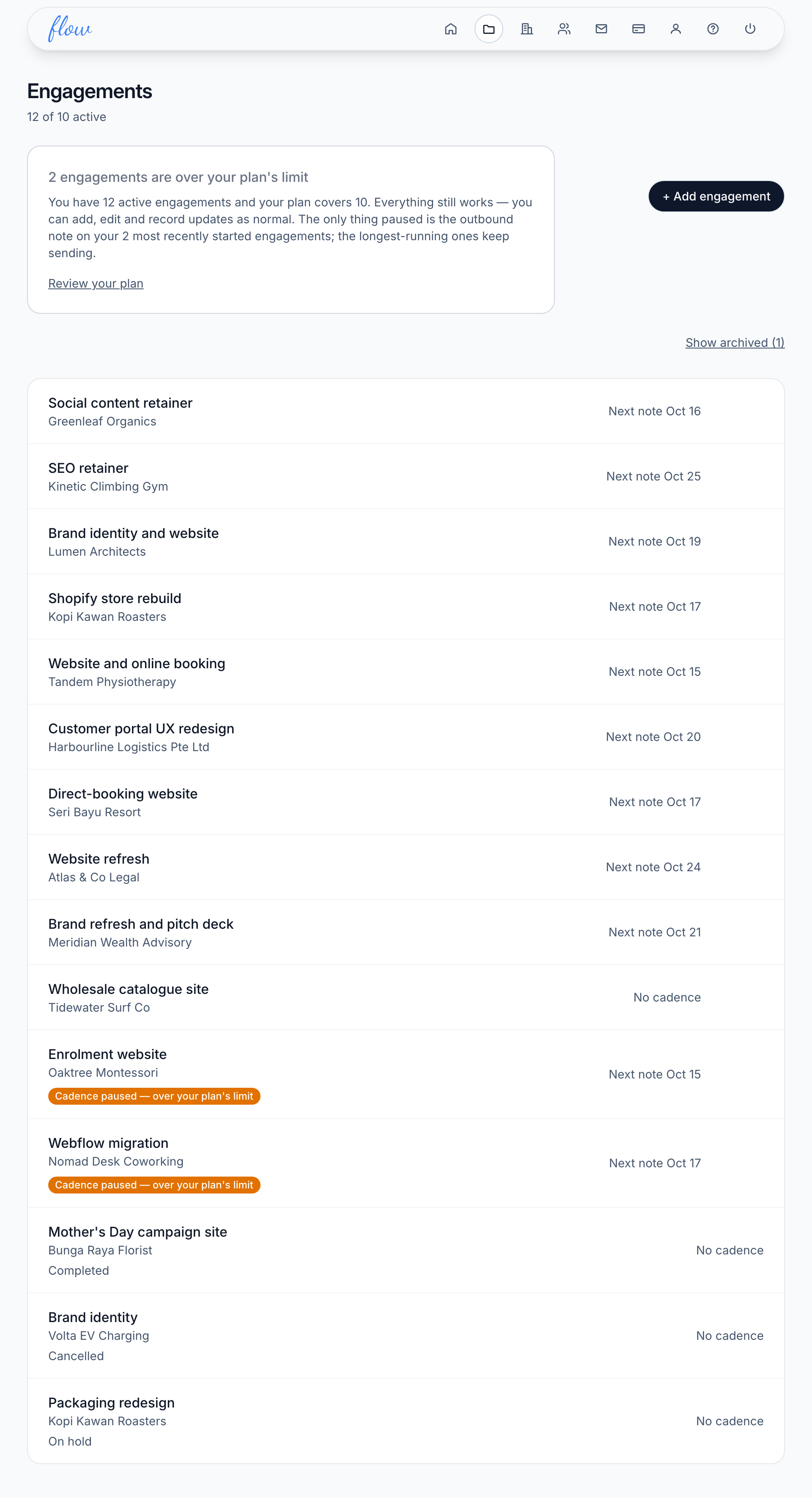 The Engagements list with the plan counter, and two rows marked as paused over the plan's limit.