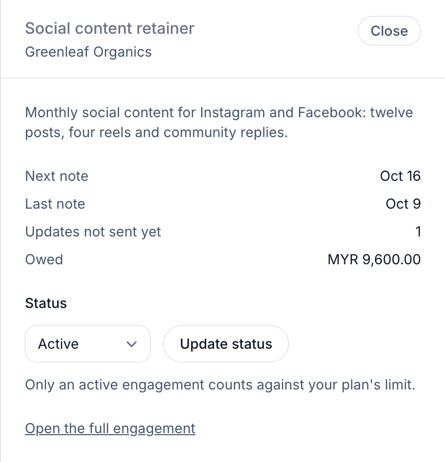 The panel for one engagement, showing its next and last note, updates not sent yet, what's owed and a Status menu.