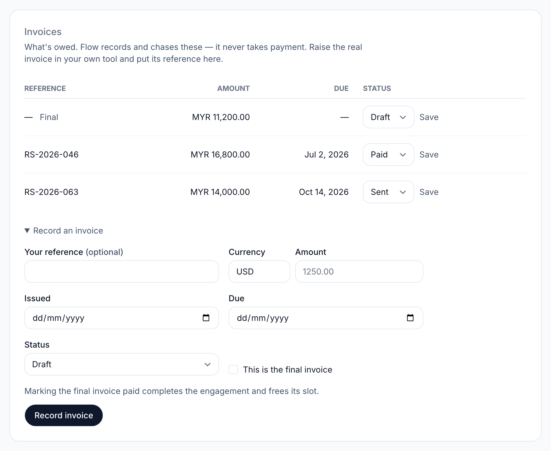 The Record an invoice form: reference, currency, amount, dates, status and final invoice.