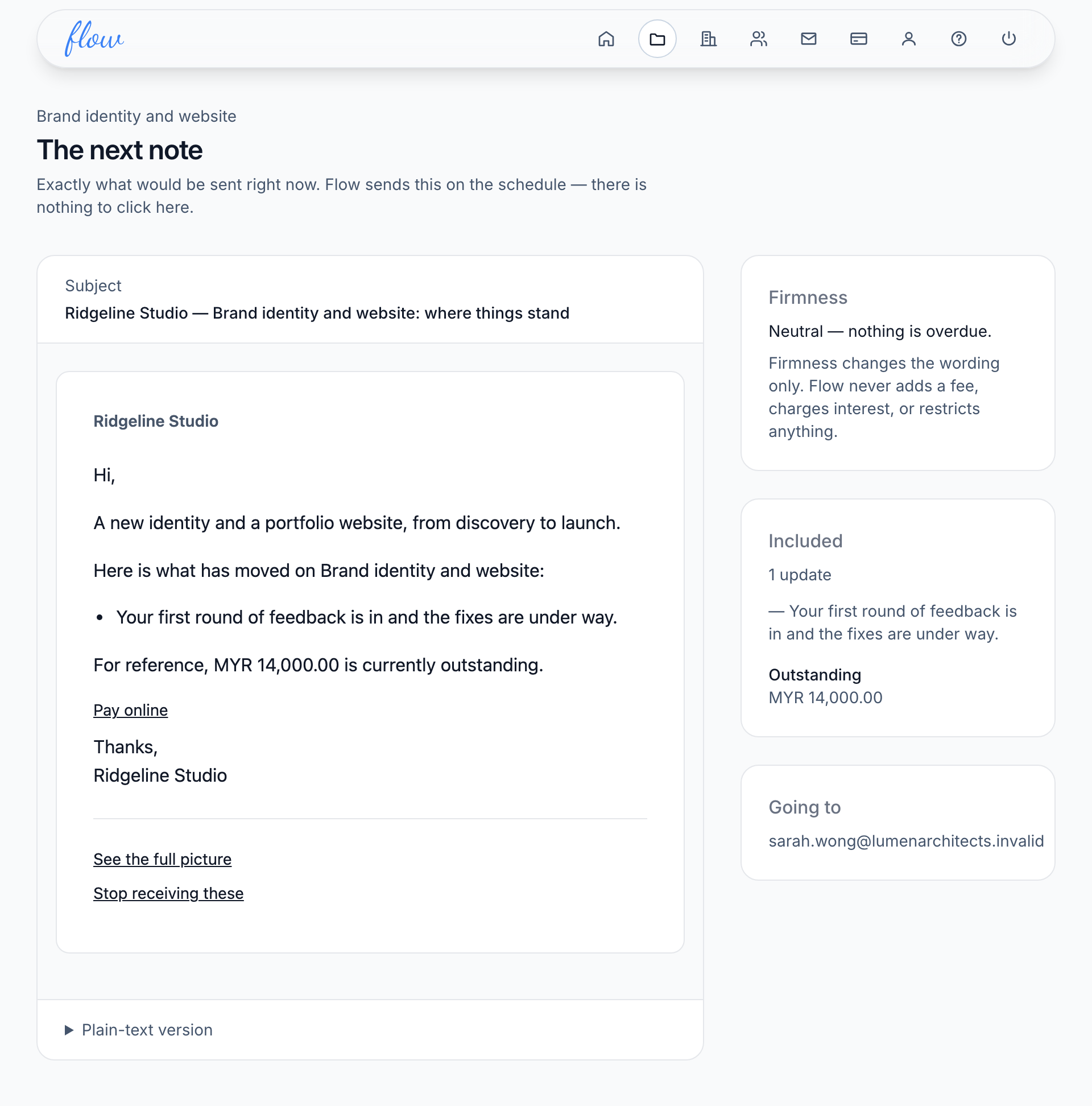 The next note for an engagement with nothing overdue, showing the email the client would get and a neutral tone.