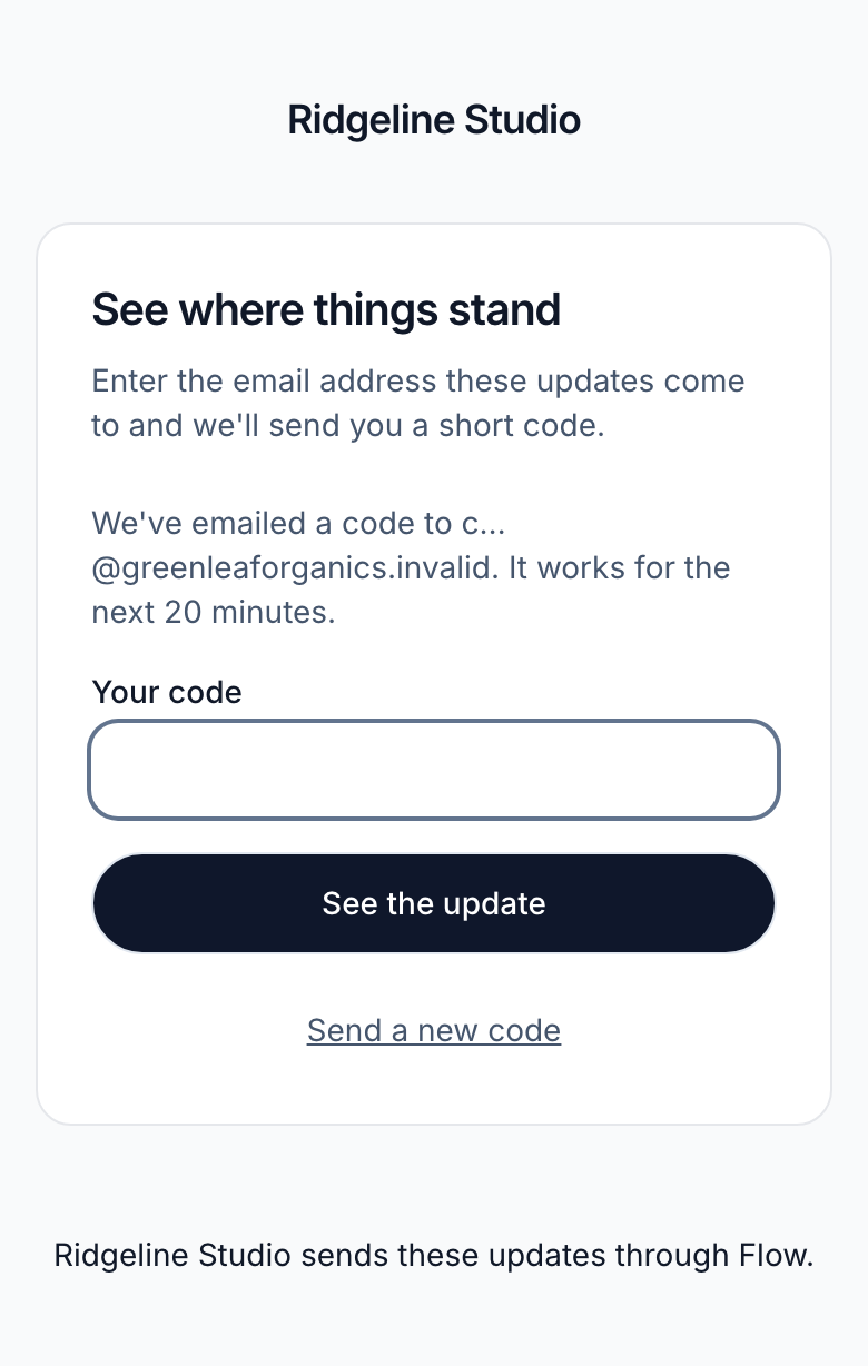 The project page on a phone, asking for the six-character code that was emailed.