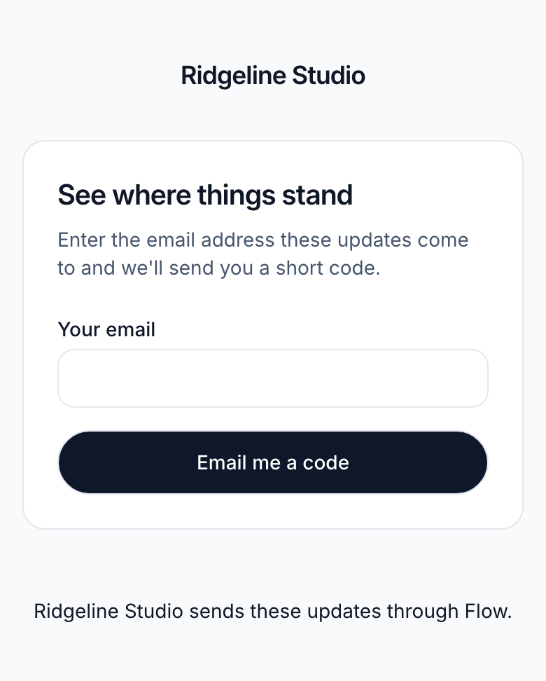 The project page on a phone, asking for the client's email address so it can send a code.