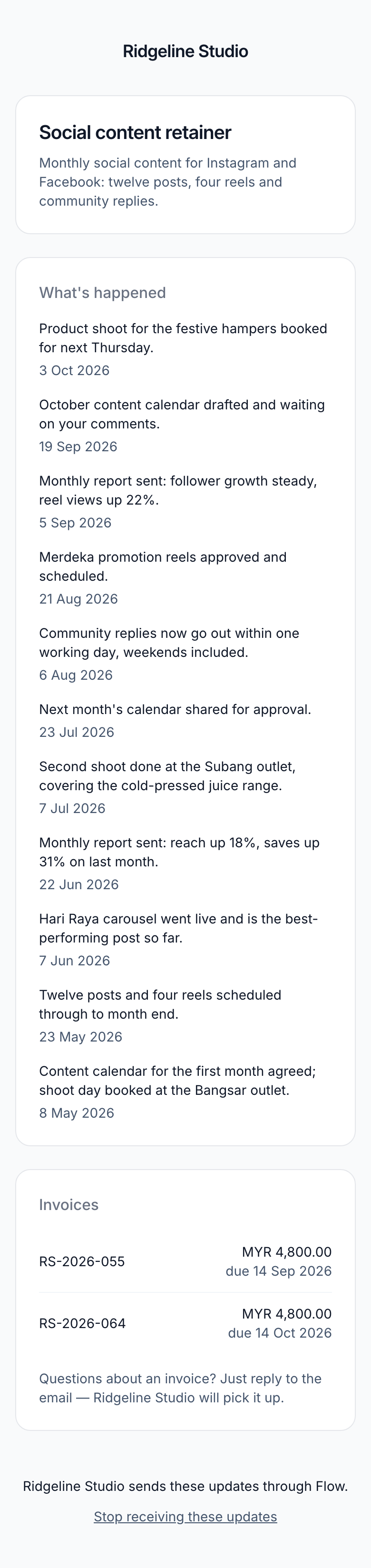 A project page on a phone, with the project summary, a list of dated updates and two unpaid invoices.