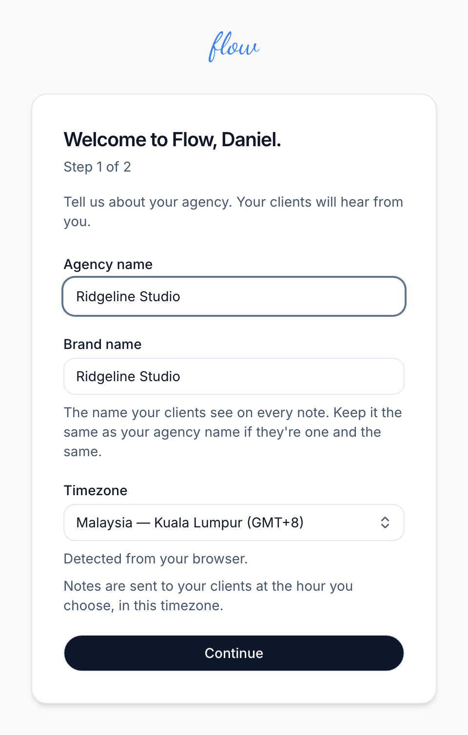 Step 1 of 2 of sign-up, with boxes for the agency name, brand name and timezone.