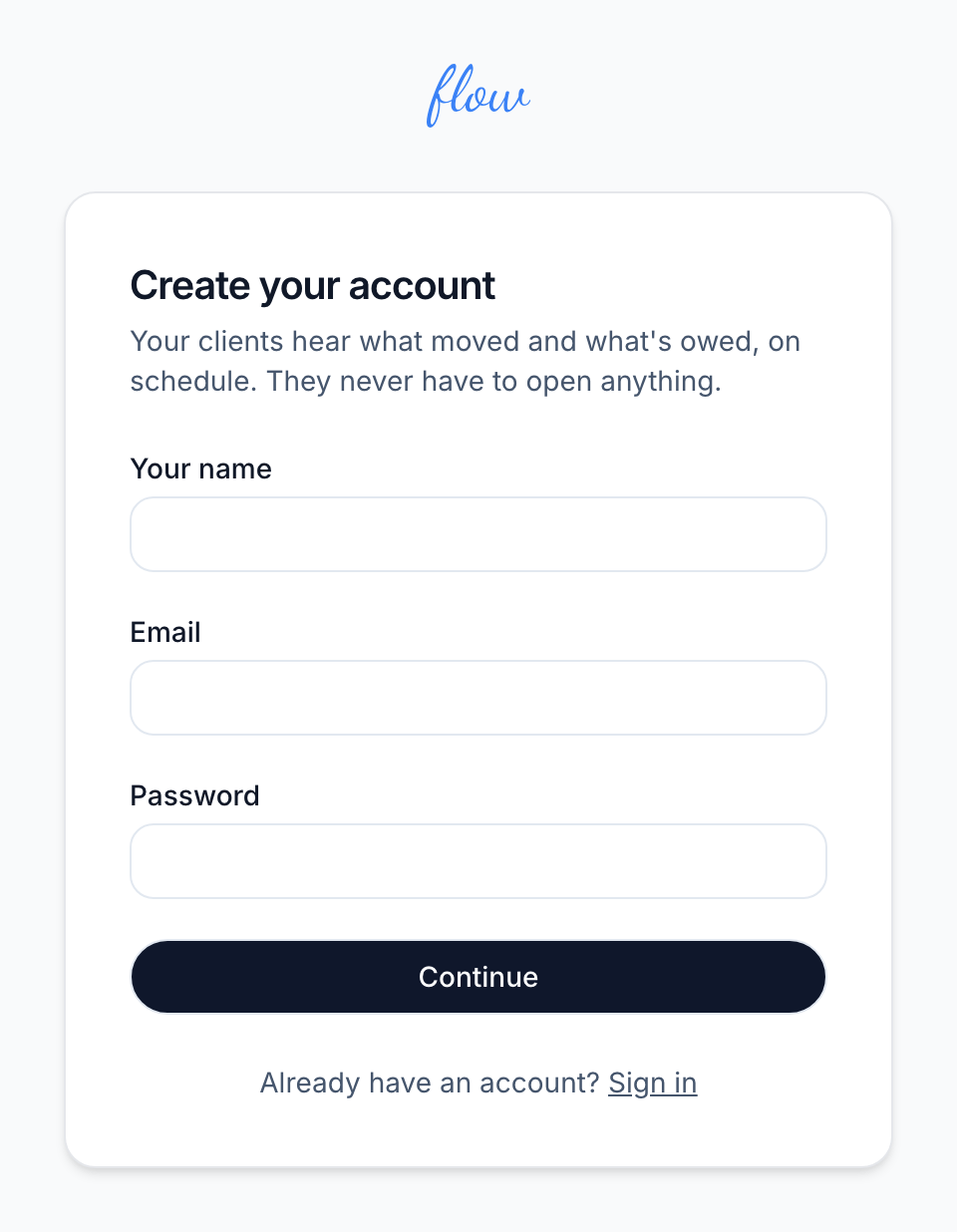 The Create your account form, with boxes for your name, email and password.