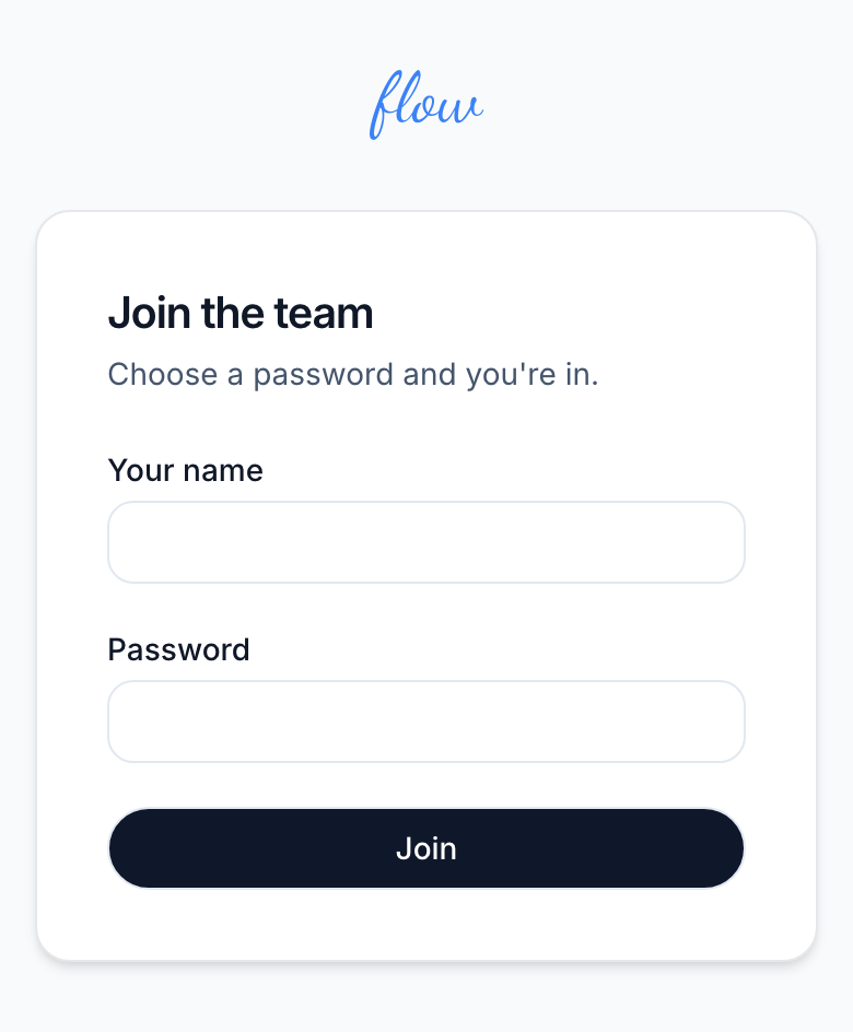 The Join the team page, asking for your name and a password, with a Join button.