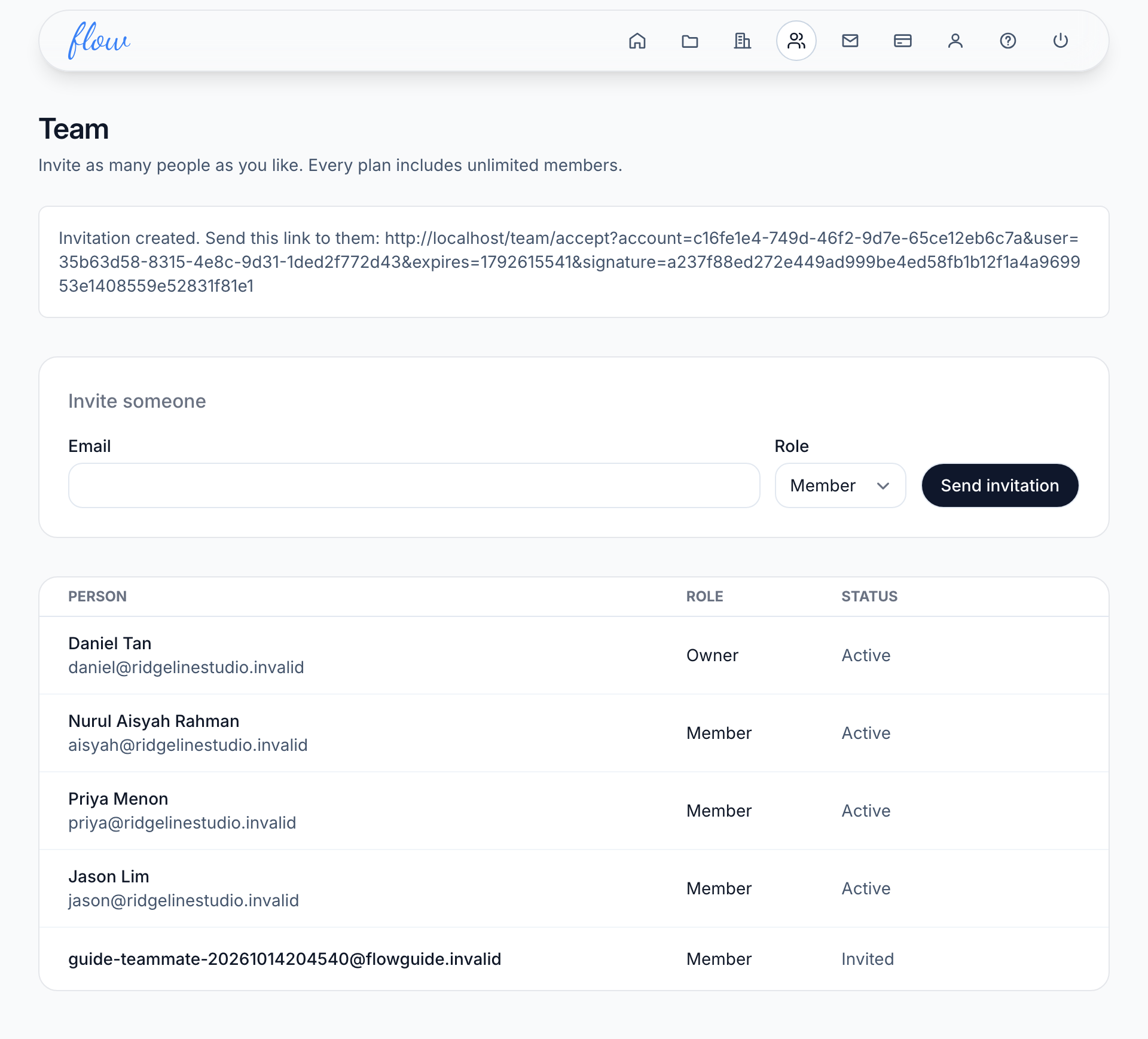 The Team page after Send invitation, showing the link to send and the new person listed as Invited.