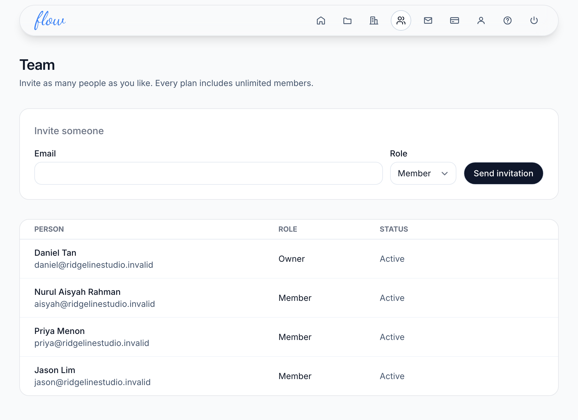 The Team page listing four people, each with their role and whether they have joined.