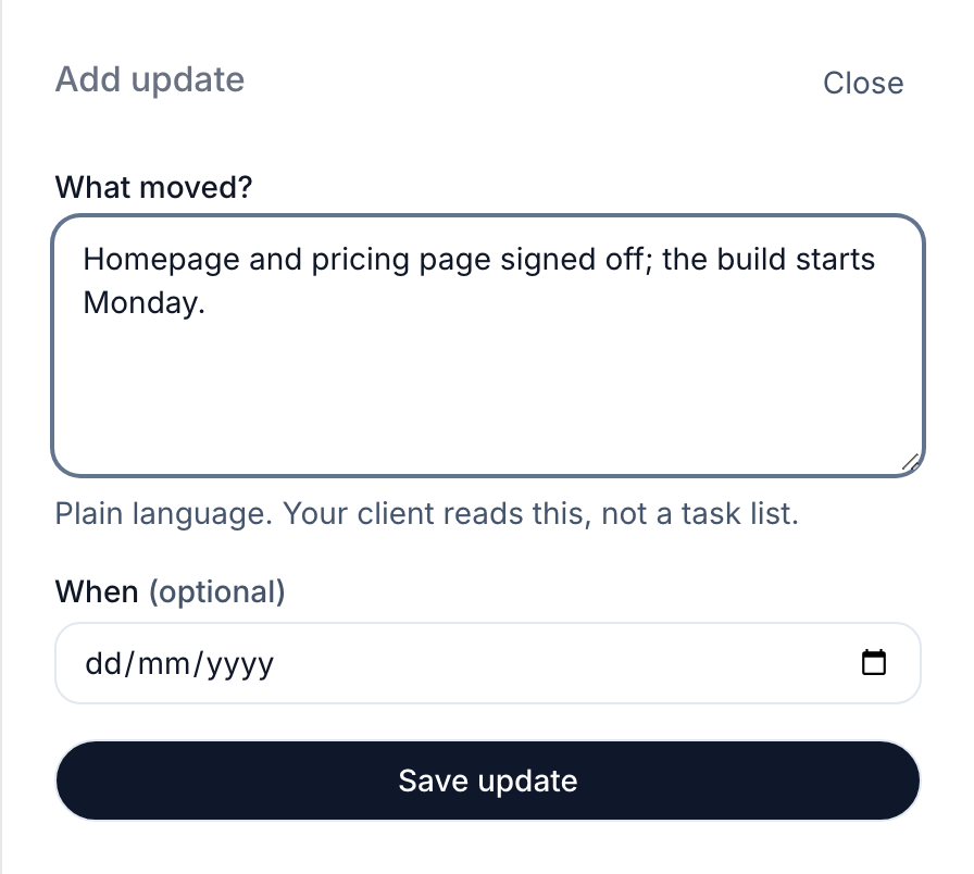 The Add update panel with a short sentence typed under What moved?